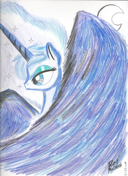 Size: 1699x2333 | Tagged: safe, artist:brekrofmadness, derpibooru import, princess luna, alicorn, pony, crescent moon, lidded eyes, makeup, moon, signature, solo, traditional art