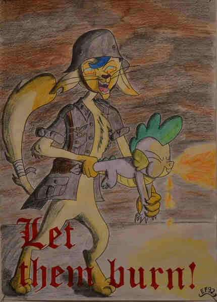 Size: 1917x2673 | Tagged: anthro, artist:easterforest92, behaving like a weapon, capper dapperpaws, cat, clothes, derpibooru import, digitigrade anthro, dragon, fire, fire breath, flamethrower, flamethrower spike, flammenwerfer, helmet, military uniform, movie reference, my little pony: the movie, safe, spike, traditional art, uniform, wehrmacht