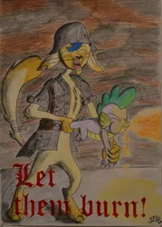 Size: 1917x2673 | Tagged: anthro, artist:easterforest92, behaving like a weapon, capper dapperpaws, cat, clothes, derpibooru import, digitigrade anthro, dragon, fire, fire breath, flamethrower, flamethrower spike, flammenwerfer, helmet, military uniform, movie reference, my little pony: the movie, safe, spike, traditional art, uniform, wehrmacht