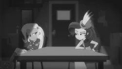 Size: 1272x716 | Tagged: safe, derpibooru import, screencap, rarity, trixie, equestria girls, equestria girls series, rarity investigates: the case of the bedazzled boot, black and white, duo, duo female, female, grayscale, monochrome, rarity investigates (eqg): trixie, table