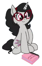 Size: 600x924 | Tagged: safe, artist:obeliskgirljohanny, derpibooru import, oc, oc:seraphim cyanne, unofficial characters only, unicorn, 2018 community collab, derpibooru community collaboration, glasses, looking at you, notebook, raised hoof, simple background, sitting, solo, transparent background