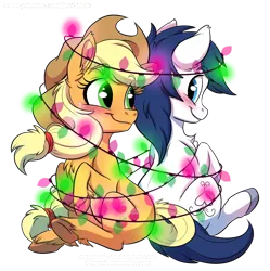 Size: 1024x1028 | Tagged: safe, artist:stepandy, derpibooru import, applejack, oc, oc:constance everheart, earth pony, pony, blushing, canon x oc, chest fluff, christmas, christmas lights, cowboy hat, ear fluff, everjack, female, fluffy, hat, holiday, looking back, male, mare, shipping, simple background, sitting, smiling, stallion, straight, transparent background, unshorn fetlocks
