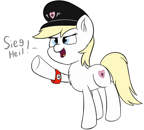 Size: 602x547 | Tagged: artist:seafooddinner, aryan pony, chest fluff, derpibooru import, female, hat, mare, nazi, nazi armband, oc, oc:aryanne, raised hoof, safe, sieg heil, simple background, solo, swastika, transparent background, unofficial characters only