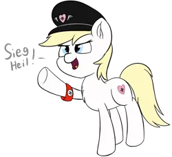 Size: 602x547 | Tagged: artist:seafooddinner, aryan pony, chest fluff, derpibooru import, female, hat, mare, nazi, nazi armband, oc, oc:aryanne, raised hoof, safe, sieg heil, simple background, solo, swastika, transparent background, unofficial characters only