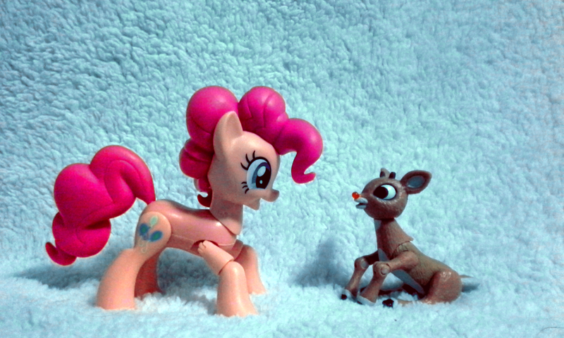 Size: 1600x960 | Tagged: safe, artist:kuren247, derpibooru import, pinkie pie, deer, earth pony, pony, reindeer, action figure, crossover, figurine, irl, merry christmas, photo, rankin/bass, rudolph the red nosed reindeer, sitting, toy, tribute