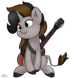 Size: 712x768 | Tagged: safe, artist:seafooddinner, derpibooru import, oc, oc:emerald whiplash, unofficial characters only, classical unicorn, unicorn, bad guitar anatomy, cloven hooves, commission, female, guitar, leonine tail, mare, simple background, sitting, solo, transparent background, unshorn fetlocks