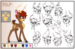 Size: 2000x1300 | Tagged: amused, angry, antlers, artist:sirzi, chest fluff, curious, deer, deer oc, derpibooru import, eating, emotions, fordeer, happy, non-pony oc, oc, oc:hazel nut, original species, palette, reference sheet, safe, sketch, sketch dump, smiling, solo, unofficial characters only