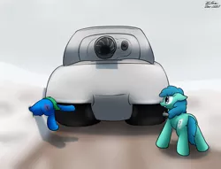 Size: 2407x1839 | Tagged: safe, artist:the-furry-railfan, derpibooru import, oc, oc:interrobang, oc:linework, unofficial characters only, earth pony, pony, cannon, dirt road, grenade launcher, inflatable, looking up, m79, maus, oh crap, snow, story included, tank (vehicle), this will end in tears and/or death, this will not end well
