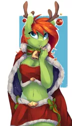 Size: 877x1525 | Tagged: anthro, anthro oc, antlers, artist:tangomangoes, bauble, bell, belly button, breasts, christmas, cleavage, clothes, derpibooru import, female, hat, holiday, looking at you, midriff, mouth hold, oc, oc:tango, ornaments, reindeer antlers, santa hat, solo, solo female, suggestive, unofficial characters only