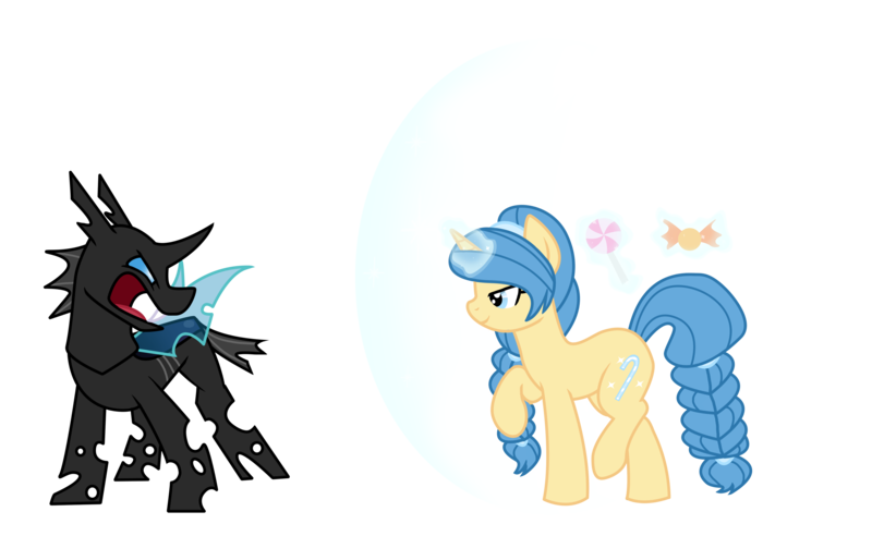 Size: 4566x2806 | Tagged: safe, artist:angalalove, derpibooru import, oc, unofficial characters only, changeling, pony, unicorn, barrier, female, frown, glare, levitation, lidded eyes, magic, mare, open mouth, raised hoof, raised leg, simple background, smiling, smirk, sparkles, telekinesis, transparent background