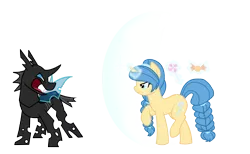 Size: 4566x2806 | Tagged: safe, artist:angalalove, derpibooru import, oc, unofficial characters only, changeling, pony, unicorn, barrier, female, frown, glare, levitation, lidded eyes, magic, mare, open mouth, raised hoof, raised leg, simple background, smiling, smirk, sparkles, telekinesis, transparent background