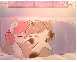 Size: 5000x4000 | Tagged: safe, artist:pesty_skillengton, derpibooru import, oc, oc:mocha latte, oc:strawberry tea, unofficial characters only, pony, bed, bedroom, couple, cute, female, garland, lesbian, night, oc x oc, shipping, sleeping, ych result