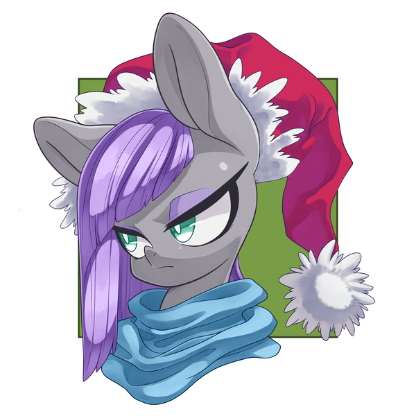 Size: 3000x3000 | Tagged: safe, artist:kaikoinu, artist:thepolymath, derpibooru import, edit, maud pie, earth pony, pony, blushing, bust, christmas, clothes, cute, female, hat, holiday, looking away, mare, portrait, santa hat, scarf, simple background, solo, white background