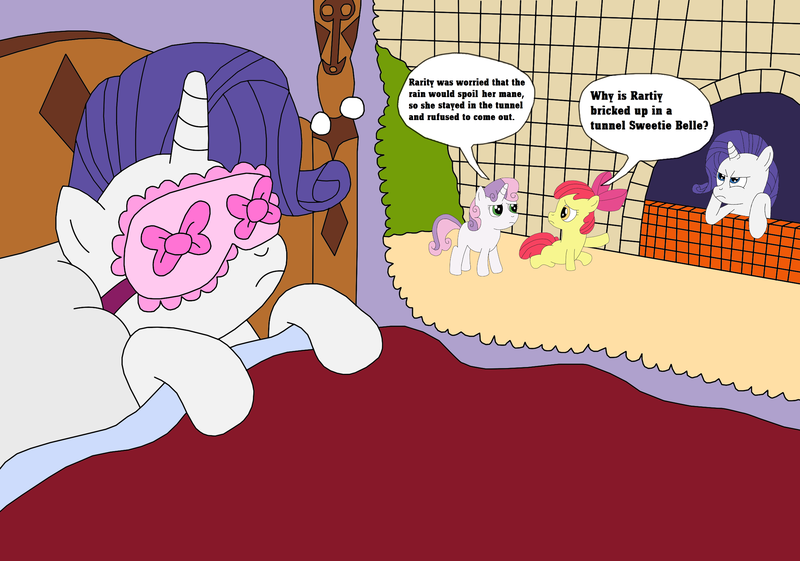 Size: 2337x1640 | Tagged: apple bloom, artist:equestriaguy637, bed, bedroom, bow, brick wall, crossover, derpibooru import, dialogue, dream, female, grumpy, parody, pillow, rarity, safe, scene parody, sleeping, sleep mask, sweetie belle, thomas the tank engine, tunnel