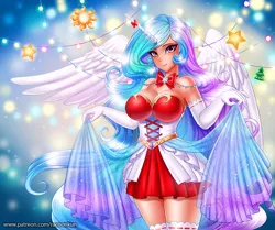 Size: 1000x835 | Tagged: artist:racoonsan, beautiful, big breasts, blue hair, bowtie, breasts, bustier, busty princess celestia, christmas, cleavage, clothes, derpibooru import, evening gloves, eyelashes, female, gloves, green hair, holiday, horn, horned humanization, human, humanized, jewelry, kneesocks, long gloves, long hair, looking at you, multicolored hair, pink hair, pleated skirt, praise the sun, princess celestia, purple eyes, regalia, ribbon, see-through, sexy, skirt, smiling, solo, solo female, sparkles, stars, stockings, stupid sexy celestia, suggestive, sun, thigh highs, thighs, veil, winged humanization, wings