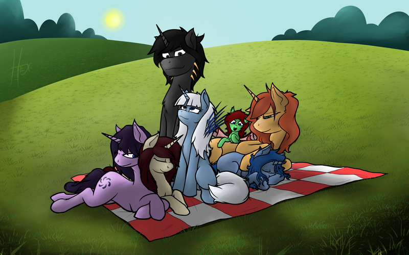 Size: 1920x1200 | Tagged: safe, artist:cobalt hex, derpibooru import, oc, oc:autumn breeze, oc:cobalt hex, oc:farra, oc:marra, oc:melody heartsong, oc:moonbeam, oc:saru, unofficial characters only, bat pony, unicorn, commission, family, family outing, family shot, grass, green hills, group, group shot, happiness, kuberend, love, picnic blanket, rolling hills, shadows, smol, snuggling, summertime, sunshine
