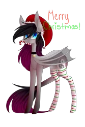 Size: 1024x1536 | Tagged: safe, artist:hyshyy, derpibooru import, oc, oc:raven, unofficial characters only, bat pony, pony, bat pony oc, candy, candy cane, christmas, clothes, female, food, hat, holiday, mare, merry christmas, mouth hold, santa hat, simple background, socks, solo, striped socks, transparent background