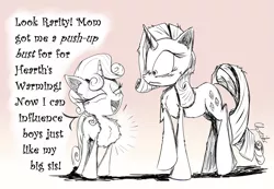 Size: 1969x1361 | Tagged: safe, artist:chopsticks, derpibooru import, rarity, sweetie belle, pony, unicorn, black and white, blank flank, blushing, cheek fluff, chest fluff, concerned, cutie mark, dialogue, female, filly, funny, grayscale, horn, humor, mare, monochrome, raised hoof, simple background, sisters, sketch