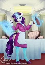 Size: 1000x1443 | Tagged: safe, artist:omny87, derpibooru import, rarity, anthro, unguligrade anthro, unicorn, series:the serving six, alcohol, apron, bottle, clothes, colored hooves, glowing horn, magic, patreon, restaurant, shoes, solo, stockings, suit, telekinesis, thigh highs, tuxedo, waitress, wine, wine bottle