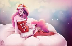 Size: 1832x1157 | Tagged: suggestive, artist:guinefurrie, derpibooru import, pinkie pie, anthro, earth pony, unguligrade anthro, breasts, christmas, cleavage, clothes, costume, female, hat, holiday, looking at you, mare, one eye closed, santa costume, santa hat, sexy, sexy santa costume, smiling, solo, solo female, stockings, thigh highs, tongue out, wink