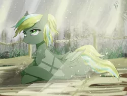 Size: 2400x1800 | Tagged: safe, artist:aidelank, derpibooru import, oc, oc:aina, unofficial characters only, bat pony, arms folded, chains, crepuscular rays, female, fence, forest, grass, lying down, mare, sunlight, tree