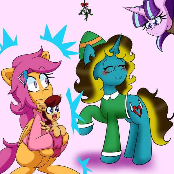 Size: 640x640 | Tagged: safe, artist:asksweetdisaster, artist:jake heritagu, derpibooru import, scootaloo, starlight glimmer, oc, oc:lightning blitz, pegasus, pony, unicorn, comic:ask motherly scootaloo, baby, baby pony, cloak, clothes, colt, female, hairpin, holding a pony, male, mistletoe, mistletoe meme, mother and son, motherly scootaloo, offspring, older, older scootaloo, parent:rain catcher, parent:scootaloo, parents:catcherloo, sweatshirt