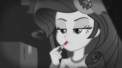 Size: 410x229 | Tagged: safe, derpibooru import, screencap, rarity, equestria girls, equestria girls series, rarity investigates: the case of the bedazzled boot, animated, clothes, detective rarity, lips, lipstick, monochrome, neo noir, partial color, rarity investigates (eqg): trixie