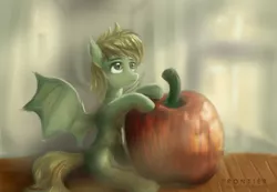 Size: 3000x2075 | Tagged: safe, artist:aidelank, derpibooru import, oc, oc:aina, unofficial characters only, bat pony, apple, chest fluff, female, food, mare, small, solo, table