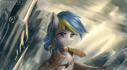 Size: 3304x1837 | Tagged: safe, artist:aidelank, derpibooru import, oc, unofficial characters only, earth pony, pony, city, clothes, coat, crepuscular rays, female, mare, scarf, science fiction, solo