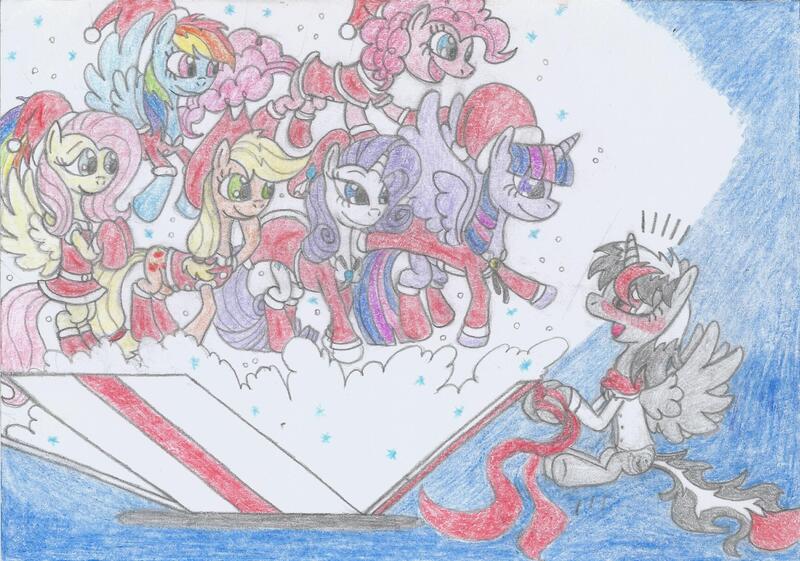 Size: 2482x1742 | Tagged: alicorn, applejack, artist:nephilim rider, christmas, clothes, costume, derpibooru import, fluttershy, hat, holiday, oc, oc:heaven lost, pinkie pie, rainbow dash, rarity, safe, santa costume, santa hat, traditional art, twilight sparkle, twilight sparkle (alicorn)