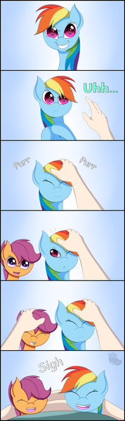 Size: 1296x4371 | Tagged: safe, artist:blinkingpink, derpibooru import, rainbow dash, scootaloo, human, pony, :3, behaving like a cat, cute, cutealoo, dashabetes, eyes closed, hand, hug, looking at you, never doubt blaa6 involvement, open mouth, petting, pony simulator, scootalove, smiling