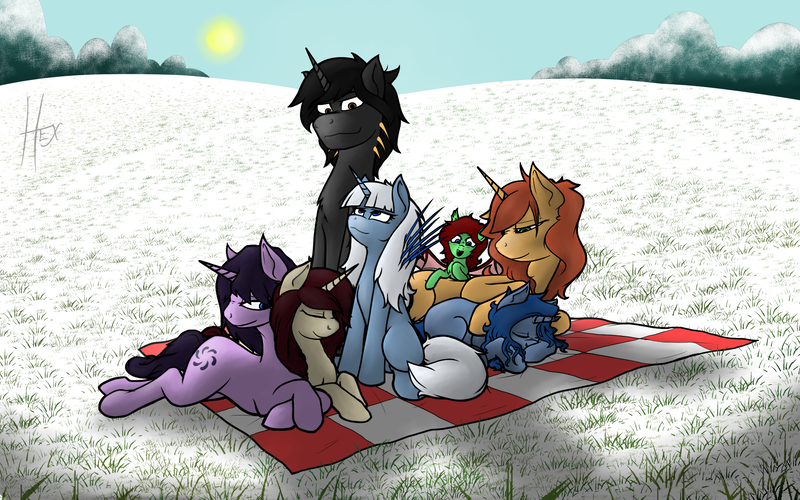 Size: 1920x1200 | Tagged: safe, alternate version, artist:cobalt hex, derpibooru import, oc, oc:autumn breeze, oc:cobalt hex, oc:farra, oc:marra, oc:melody heartsong, oc:moonbeam, oc:saru, unofficial characters only, bat pony, unicorn, family, family outing, family shot, grass, group, group shot, happiness, kuberend, love, picnic blanket, rolling hills, shadows, smol, snow, snowy day, snowy hills, snuggling, sunshine