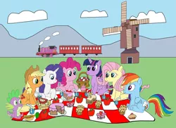 Size: 2337x1700 | Tagged: safe, artist:equestriaguy637, derpibooru import, applejack, fluttershy, pinkie pie, rainbow dash, rarity, spike, twilight sparkle, twilight sparkle (alicorn), alicorn, dragon, earth pony, pegasus, pony, unicorn, apple, apple pie, basket, blanket, cake, carriage (railway), carrot, carrot dog, cloud, cupcake, currant bun, cutie mark, daffodil and daisy sandwich, drink, female, food, glass of water, male, mane six, muffin, picnic, picnic basket, picnic blanket, pie, sandwich, straw, train, water, windmill