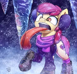 Size: 1200x1146 | Tagged: safe, artist:tsitra360, derpibooru import, apple bloom, pony, boots, clothes, cutie mark, earmuffs, female, filly, open mouth, scarf, shoes, silly, silly pony, snow, snowfall, socks, solo, stalactite, stuck, teeth, tongue out, tongue stuck to pole