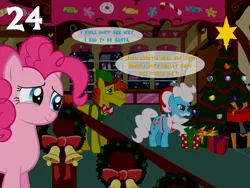 Size: 1024x768 | Tagged: safe, artist:bronybyexception, derpibooru import, carrot cake, cup cake, pinkie pie, elf, pony, advent calendar, christmas, christmas tree, clothes, costume, crying, fake beard, fat joke, feels, holiday, present, santa claus, santa hooves, sugarcube corner, tears of joy, this will end in a night on the couch, tree