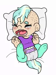 Size: 401x538 | Tagged: artist:sexygoatgod, baby, crying, derpibooru import, diaper, female, filly, foal, no teeth, oc, oc:clair heartstrings, parent:lyra heartstrings, safe, satyr, unofficial characters only