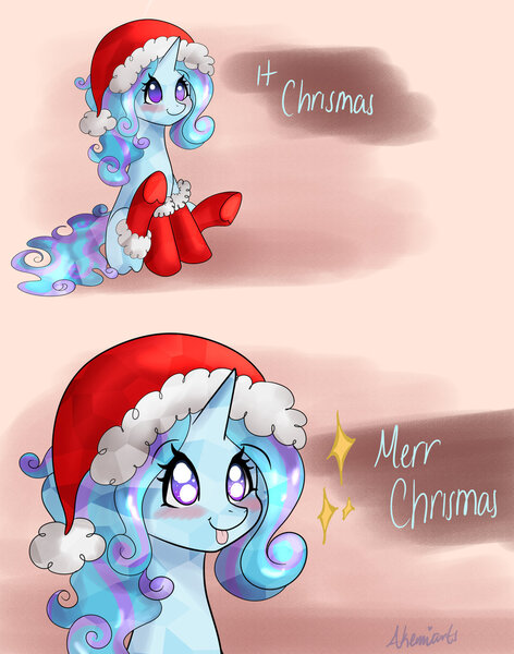 Size: 1024x1303 | Tagged: safe, artist:akemiarts1, derpibooru import, oc, oc:winter doodle, unofficial characters only, crystal pony, pony, christmas, clothes, costume, hat, holiday, it chrismas, meme, merry christmas, ponified animal photo, ponified meme, santa costume, santa hat, silly, silly pony, solo, tongue out