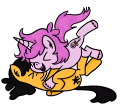 Size: 2000x1695 | Tagged: safe, artist:raptorfarts, derpibooru import, oc, oc:pumpkin, oc:sugar swirl, unofficial characters only, pegasus, pony, unicorn, hug, simple background, tackle hug, transparent background