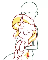 Size: 911x1130 | Tagged: safe, artist:zharkaer, derpibooru import, sunset shimmer, oc, oc:anon, human, pony, unicorn, fanfic, cuddling, curved horn, fanfic art, female, human on pony snuggling, male, mare, partial color, simple background, snuggling, white background