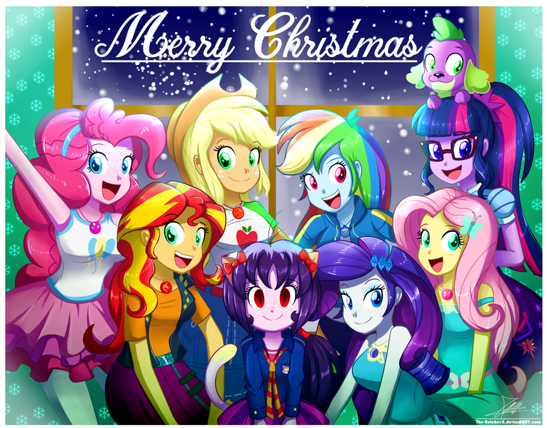 Size: 1660x1300 | Tagged: safe, artist:the-butch-x, derpibooru import, applejack, fluttershy, pinkie pie, rainbow dash, rarity, sci-twi, sunset shimmer, twilight sparkle, oc, oc:cassey, dog, equestria girls, equestria girls series, christmas, clothes, equestria girls-ified, happy, holiday, looking at you, magical geodes, open mouth, smiling, snow, winter