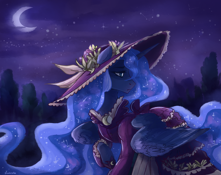 Size: 2650x2100 | Tagged: safe, artist:lunnitavaldez, derpibooru import, princess luna, alicorn, pony, clothes, crescent moon, dress, female, hat, high res, mare, moon, night, raised hoof, sad, solo, sparkly mane