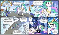 Size: 1920x1149 | Tagged: safe, artist:pencils, derpibooru import, princess celestia, princess luna, oc, oc:captain honey pot, alicorn, pony, unicorn, comic:sunbutt sunday, blushing, clothes, comic, crown, crying, dialogue, eye contact, eyeshadow, female, hoof shoes, hug, jewelry, looking at each other, looking back, makeup, male, mare, open mouth, peytral, princess celestia loves eclairs, regalia, royal sisters, snow, snowfall, speech bubble, stallion, statue, tree, uniform