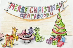 Size: 3414x2250 | Tagged: safe, artist:40kponyguy, derpibooru import, oc, oc:comment, oc:downvote, oc:favourite, oc:upvote, ponified, alicorn, earth pony, pegasus, pony, unicorn, derpibooru, alicorn oc, christmas, christmas tree, derpibooru ponified, holiday, present, sleeping, traditional art, tree