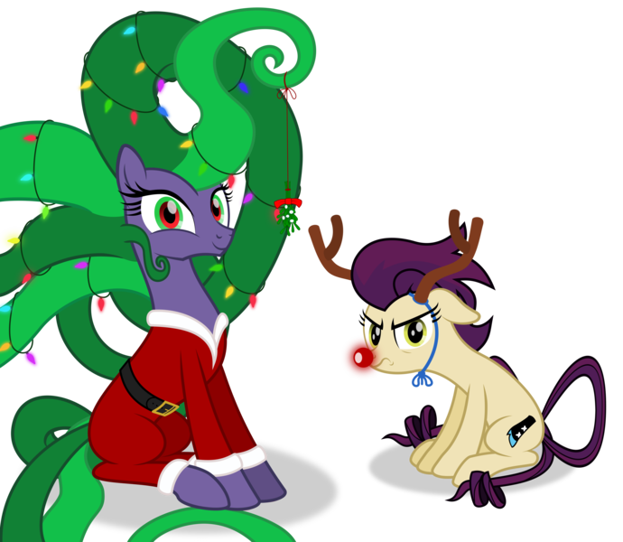 Size: 4759x4138 | Tagged: absurd resolution, antlers, artist:grypher, christmas, christmas lights, clothes, costume, derpibooru import, floppy ears, frown, glare, high heel, holiday, idw, looking at you, mane-iac, missing accessory, mistletoe, red nose, safe, santa costume, simple background, sitting, transparent background, vector