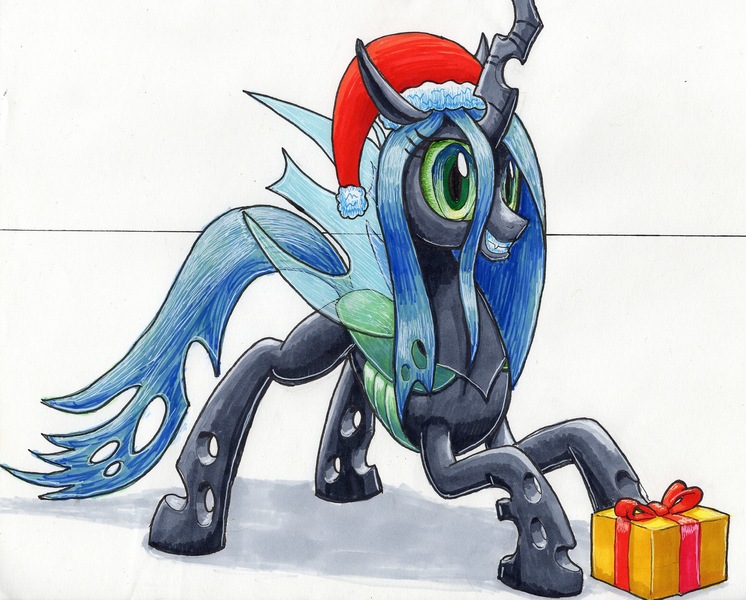 Size: 3085x2480 | Tagged: safe, artist:bbqninja501st, derpibooru import, queen chrysalis, changeling, christmas, christmas changeling, hat, holiday, present, santa hat, solo