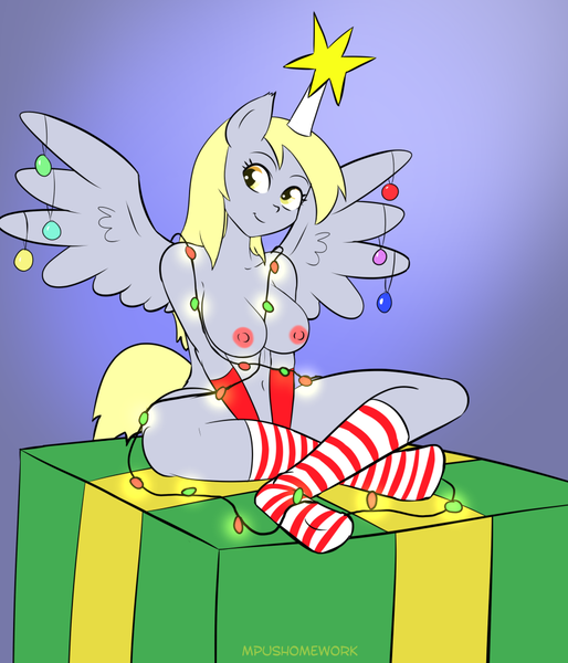 Size: 857x1000 | Tagged: 30 minute art challenge, anthro, artist:empyu, bauble, breasts, busty derpy hooves, christmas, christmas lights, clothes, derpibooru import, derpy hooves, female, holiday, nipples, nudity, plantigrade anthro, questionable, sitting, smiling, socks, solo, solo female, spread wings, striped socks, wings