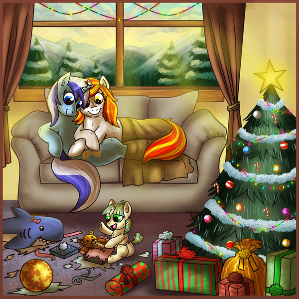 Size: 2000x2000 | Tagged: safe, artist:paintsplotch, derpibooru import, minuette, oc, oc:chris, oc:starla, ponified, pony, unicorn, fanfic, fanfic:mandatory motherhood, ponies after people, adopted offspring, canon x oc, christmas, christmas lights, christmas tree, cold, comforting, cuddling, cute, family, fanfic art, female, filly, foal, friends, happy, holiday, holiday special, human to pony, male to female, messy, mother and daughter, pap, plushie, present, rule 63, shark plushie, snow, toy, transformation, transformed, transgender transformation, tree, winter