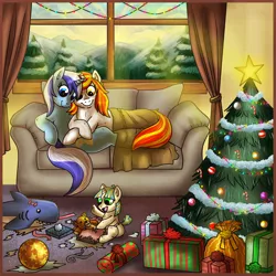 Size: 2000x2000 | Tagged: safe, artist:paintsplotch, derpibooru import, minuette, oc, oc:chris, oc:starla, ponified, pony, unicorn, fanfic, fanfic:mandatory motherhood, ponies after people, adopted offspring, canon x oc, christmas, christmas lights, christmas tree, cold, comforting, cuddling, cute, family, fanfic art, female, filly, foal, friends, happy, holiday, holiday special, human to pony, male to female, messy, mother and daughter, pap, plushie, present, rule 63, shark plushie, snow, toy, transformation, transformed, transgender transformation, tree, winter