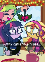 Size: 999x1378 | Tagged: safe, artist:psychodiamondstar, derpibooru import, lemon zest, sci-twi, sunset shimmer, twilight sparkle, equestria girls, christmas, clothes, eyes closed, female, glasses, holiday, holly, holly mistaken for mistletoe, lemon the shipper, lesbian, scitwishimmer, shipper on deck, shipping, sunsetsparkle, unamused