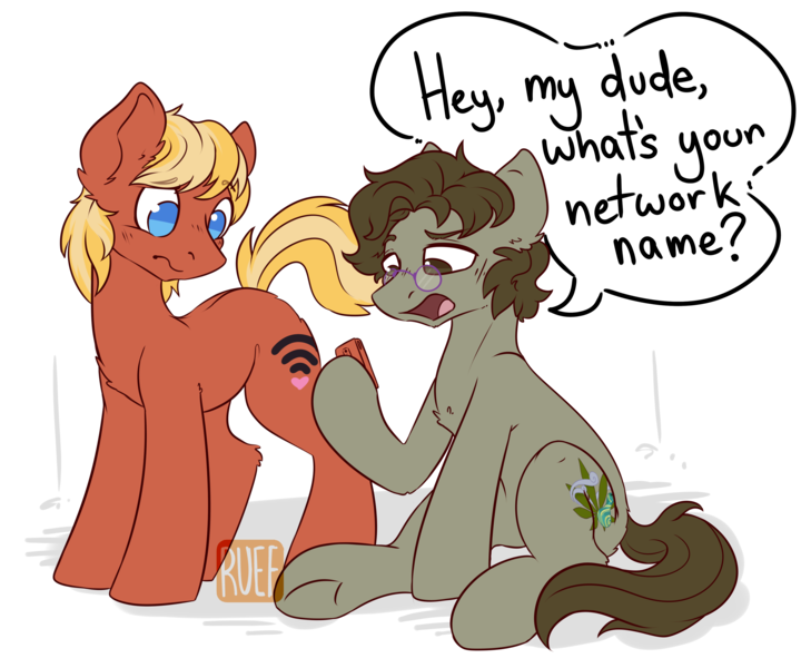 Size: 3476x2862 | Tagged: safe, artist:ruef, derpibooru import, oc, oc:dank nugs, oc:hot spot, unofficial characters only, pony, commission, dialogue, mobile phone, networking, phone, smartphone, wi-fi